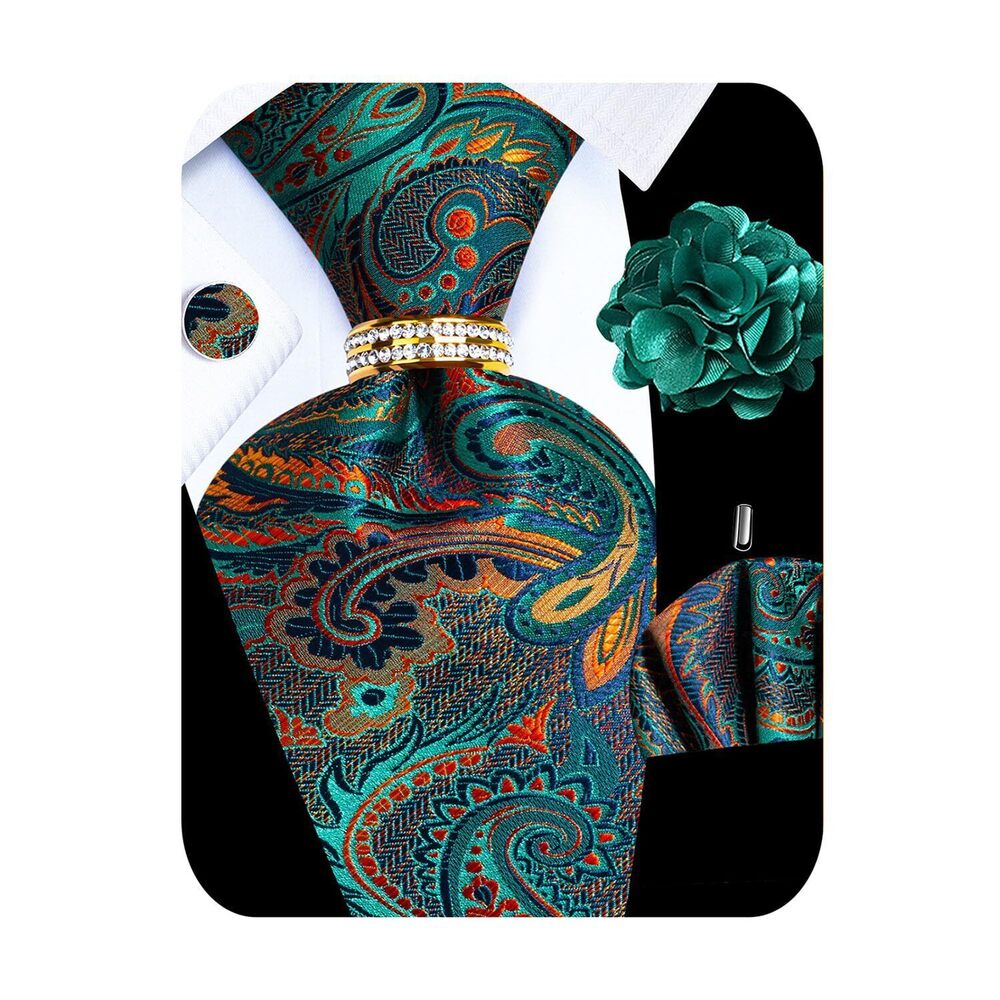 7579 5PCS Green Paisley Silk Designer Tie Pocket Square Cufflinks